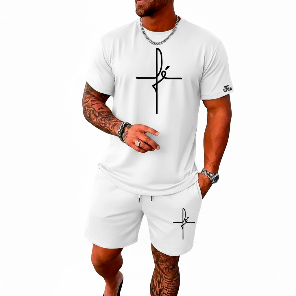 Kit Camiseta Masculina 100% Algodão + Bermuda Moletom Lançamento Estampada Fé gratidão Confortavel