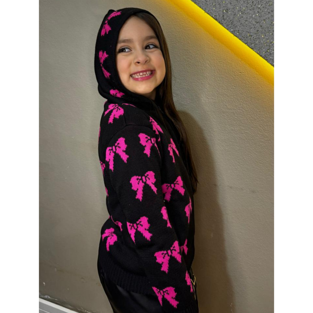 Jaqueta Lacinho Tricot Zíper Capuz Menina frio Agasalho