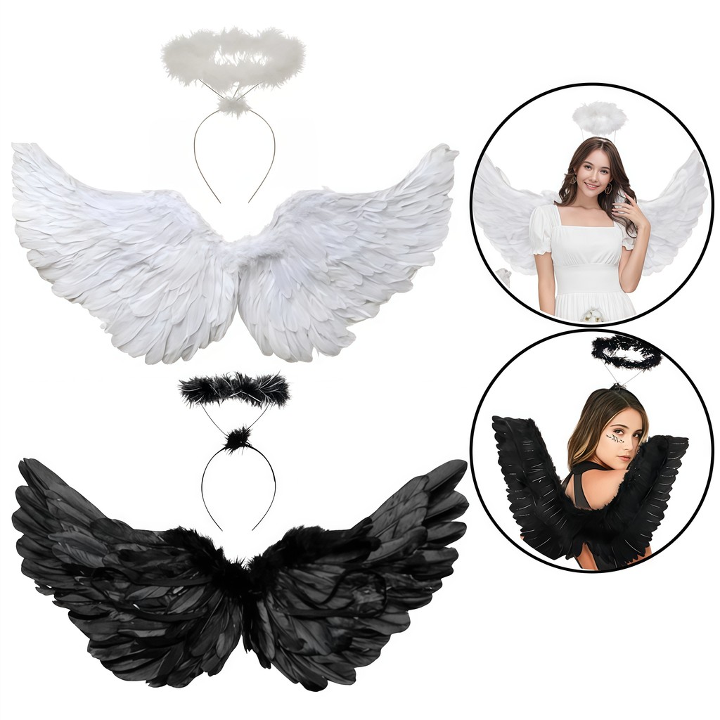 Kit Asa Anjo Fantasia Halloween Carnaval Festa Cosplay Com Tiara Preto Branco Pena Plumas