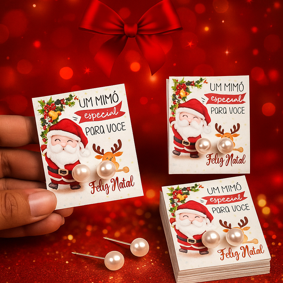 50 Pares de Brinco de Perola + tag Mimo para cliente Natal – Agradecimento/ lembrancinha Feliz natal