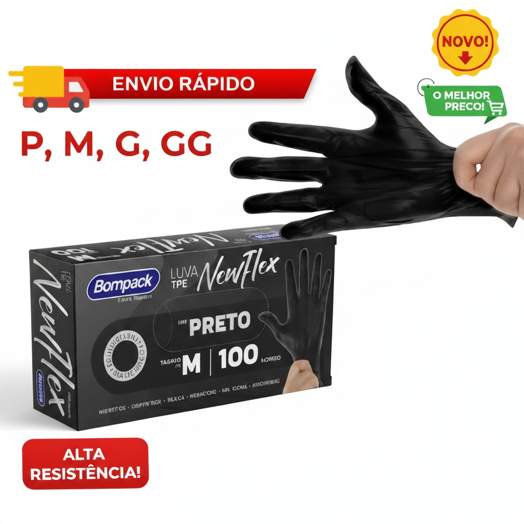 Luva Viniflex Preta Descartável Sem Pó TPE 100 Unidades | Alta Resistência Cuidado Limpeza Alimentos