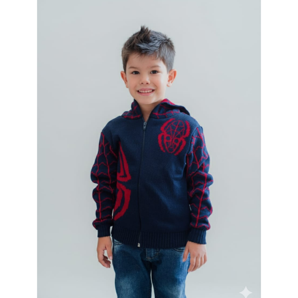 Jaqueta de Tricot Infantil Suéter Blusa Homem Aranha com Zíper e Capuz Manga Longa