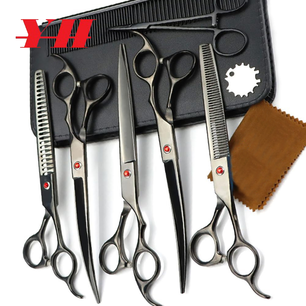 YH-5 PCS Pet Tesoura De Corte De Cabelo, Galvanizado Preto Pet Tesoura De Corte De Cabelo Set para P