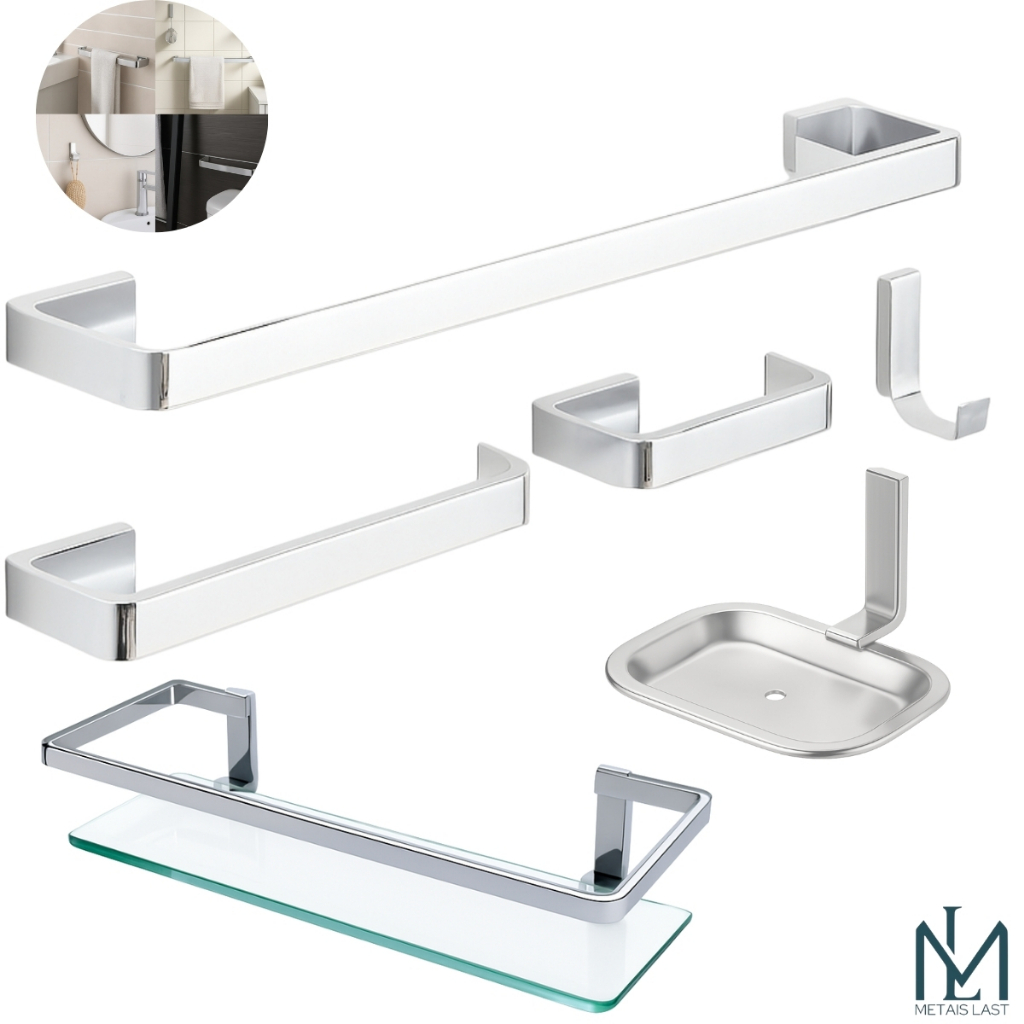 Kit Acessorios Para Banheiro Alumínio Quadrado 5 Peças Cromado + Porta Shampoo Reto Vidro