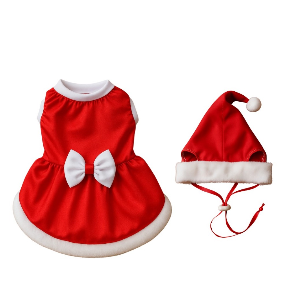 Vestido com Gorro de Natal Pet, Vestidinho Mamãe Noel para Cachorros e Gatos