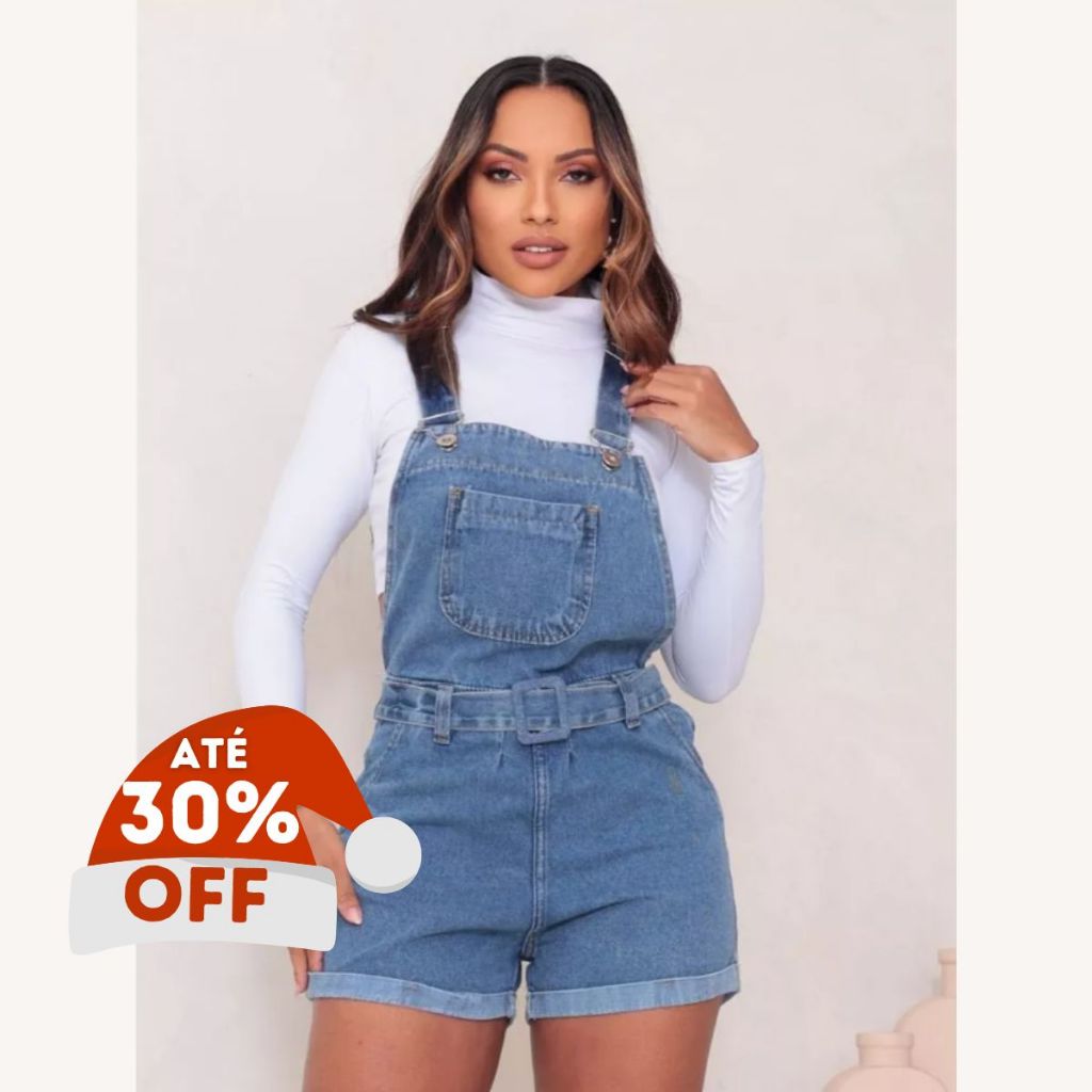 Jardineira Jeans Curto Casual Feminino Com Bolsos e Alças Ajustáveis Moda Verão Lançamento