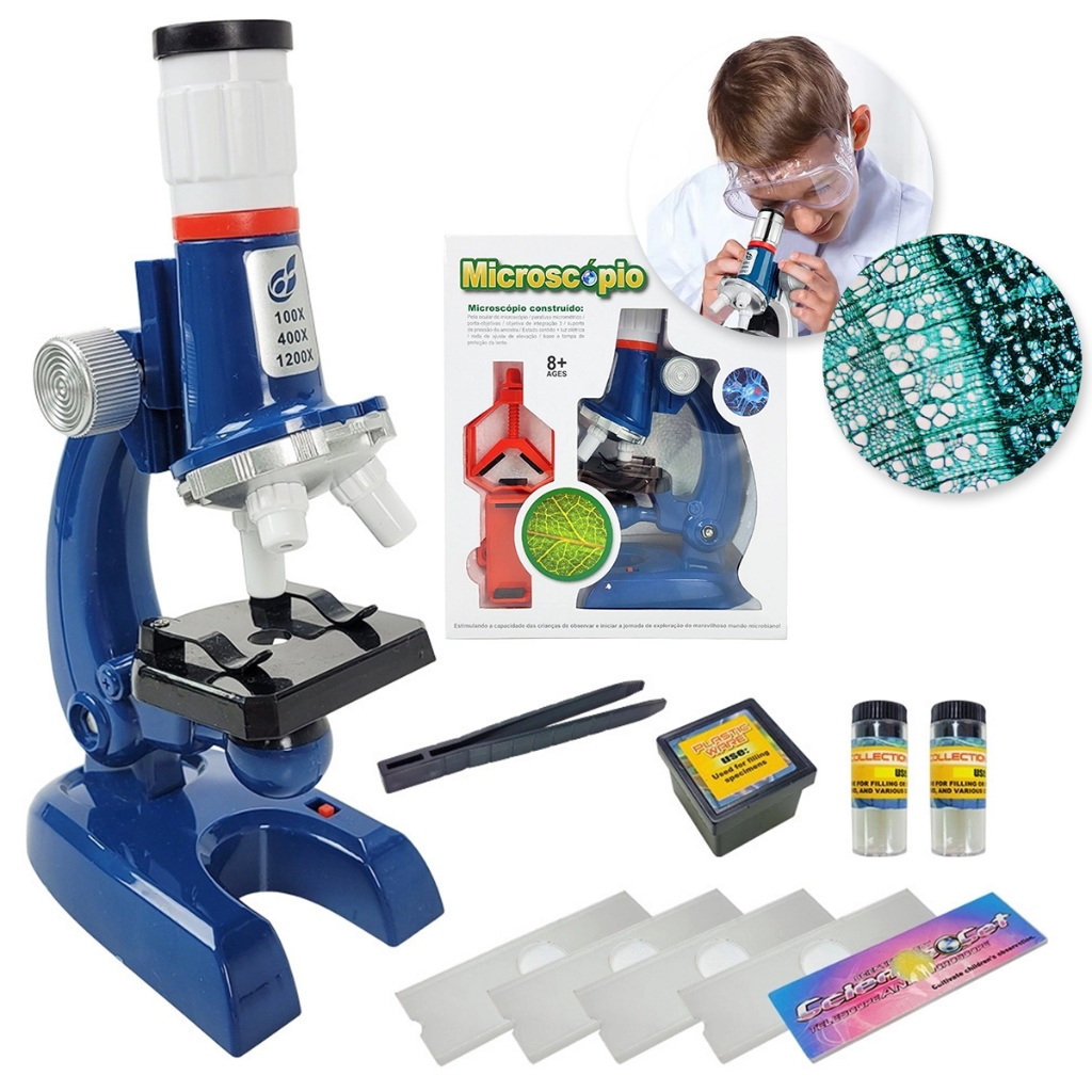 Microscópio Infantil 1200x C/ Suporte De Celular + 5 Lâminas
