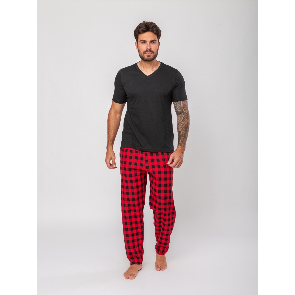 Pijama Masculino Calça Xadrez com Bolso e Camiseta de Suede Manga Curta Gola V
