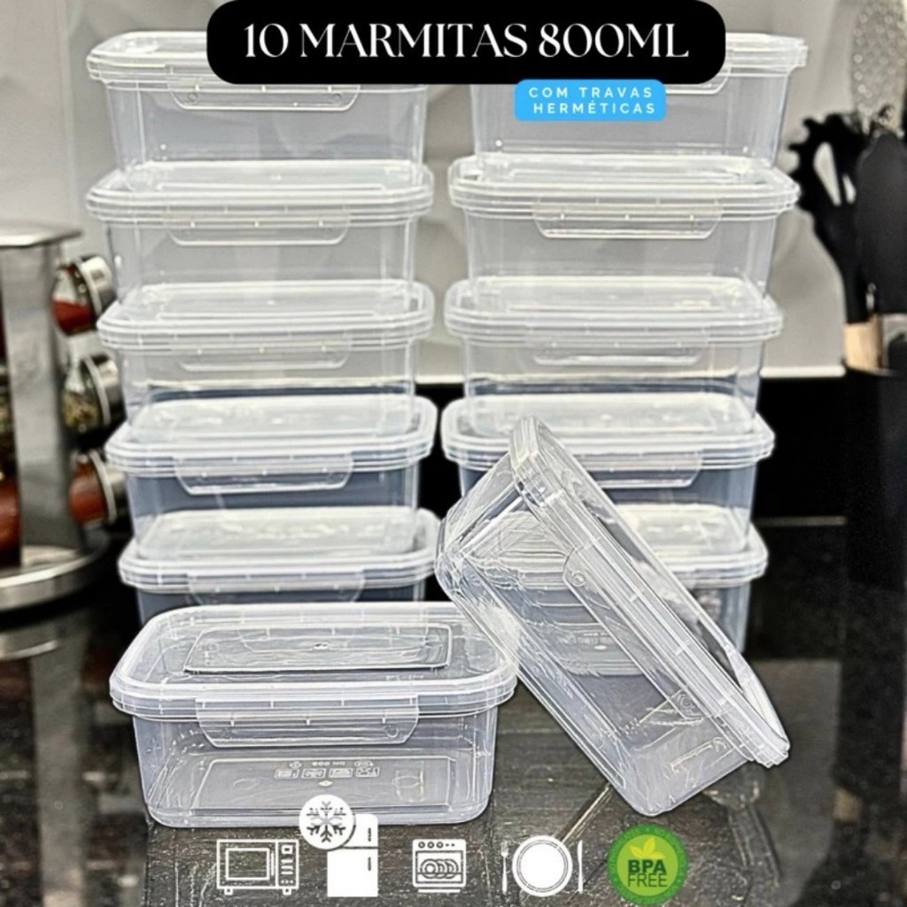 Kit 10 Marmita conjunto Potes 750ml com Travas Laterais BPA FREE – Alimentos organizadores de congel