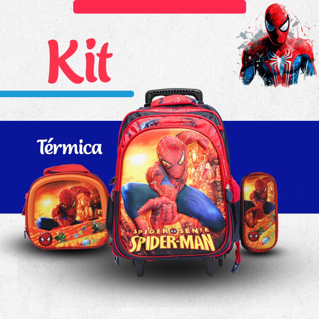 kit mochila escolar 3D  com rodinhas lancheira térmica e estojo