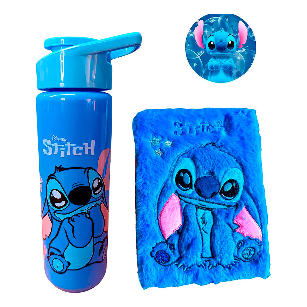 Kit Garrafa Stich Caderno De Pelúcia Stitch Garrafa Infantil