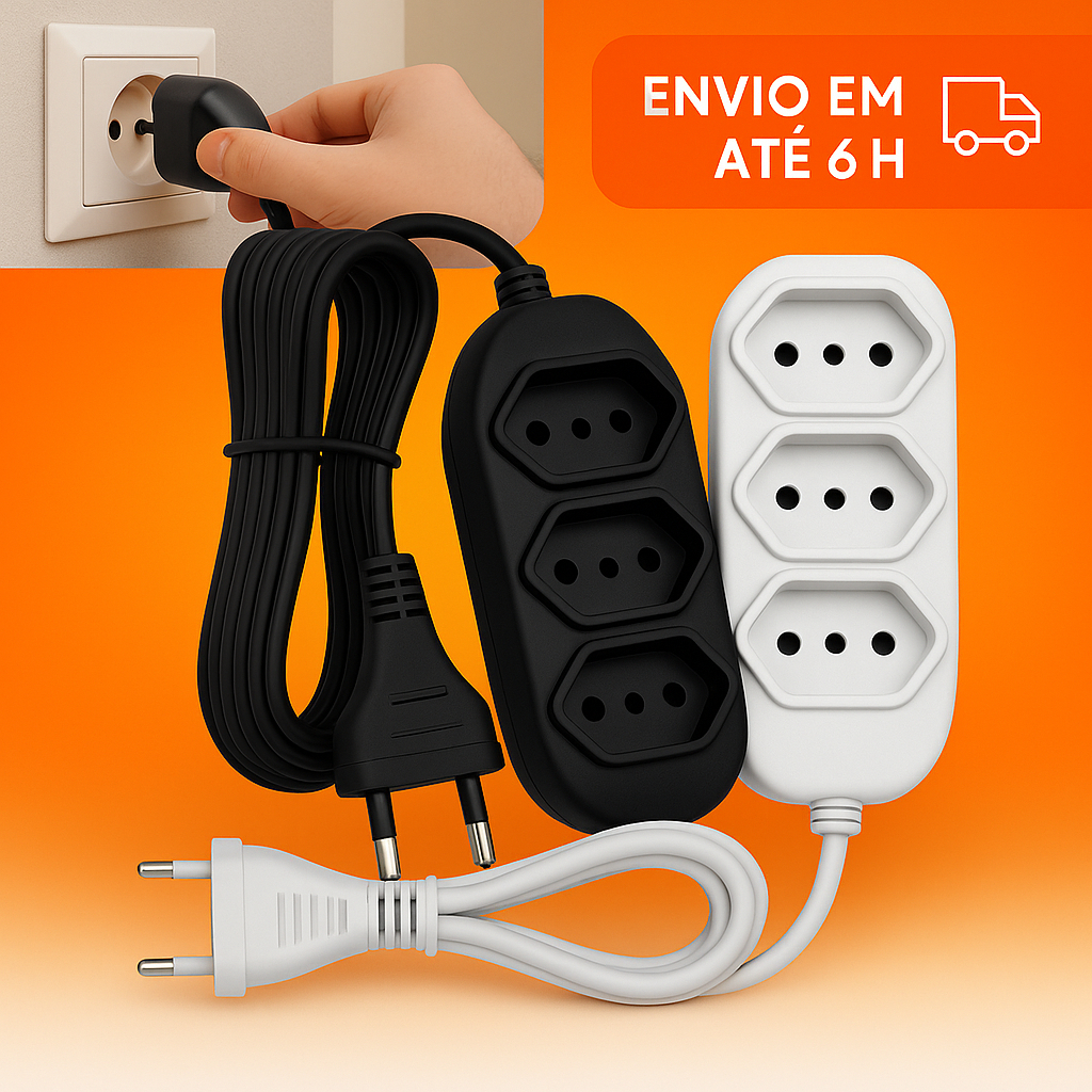 Extensão Elétrica Branca e Preta 10 Metros – Bivolt 110/220 10A Tomada Tripolares Preta Resistente C