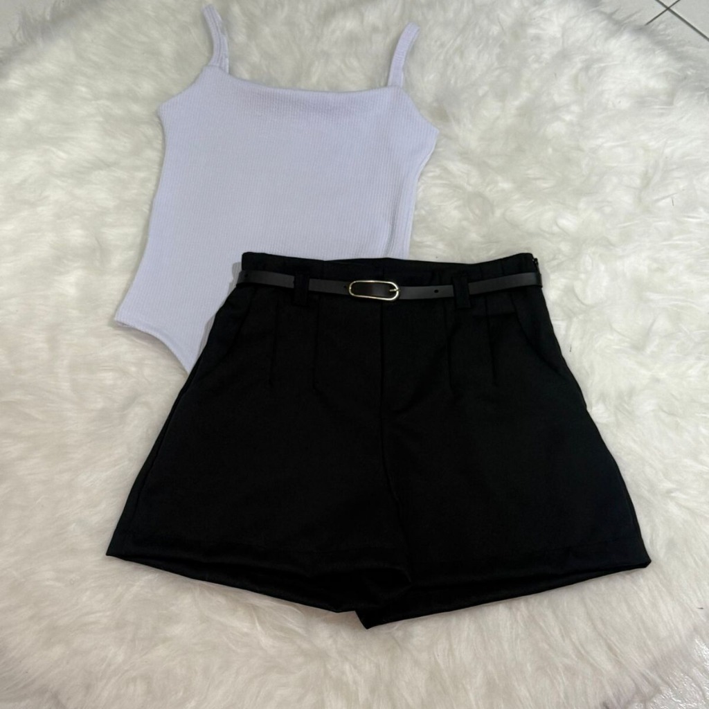 Conjunto short alfaiataria com cinto de brinde + Body reto verão chique e moderno
