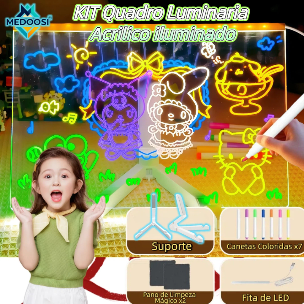 Quadro Luminária Acrílico Iluminado Brinquedo com 7 Canetas – Lousa LED DIY+ Suporte | Presente Cria
