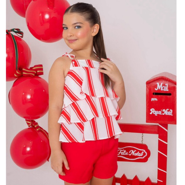 Conjunto infantil menina vermelho natal listrado b