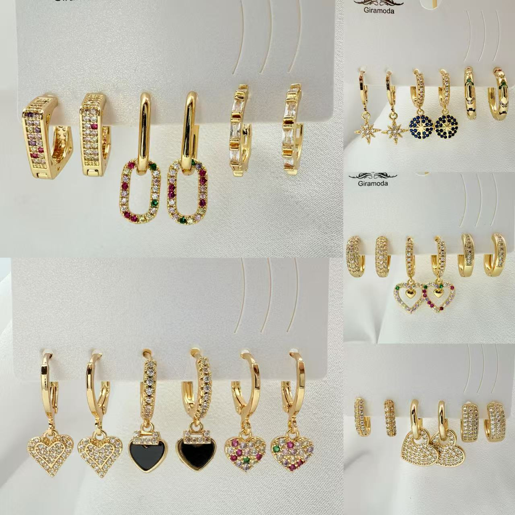 Kit 3 Pares de Brincos Femininos Banhados a Ouro 18K e Prata 925, Coração, Argola e Zircônias Colori