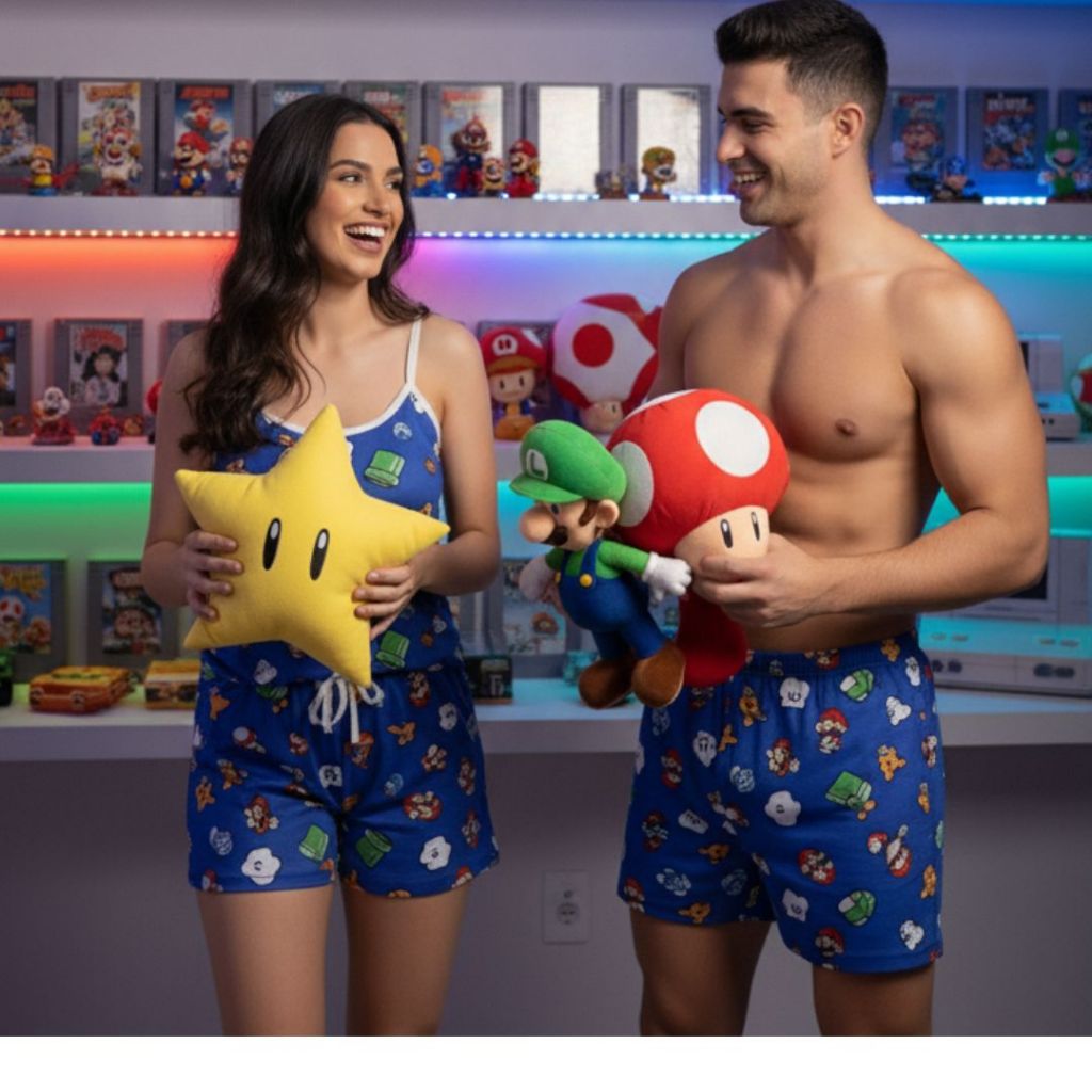 Kit Pijama Casal Feminino Samba Canção Namorados Estampa Mario