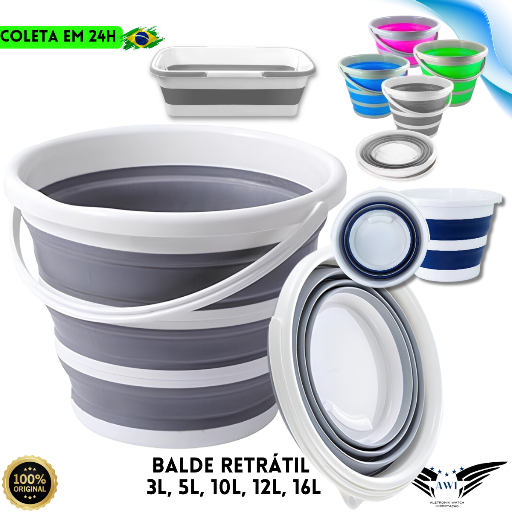 Balde Dobrável Retrátil 10 Litros ou 2 a 16L Flexível Multiuso Casa Lavanderia Apartamento Motorhome