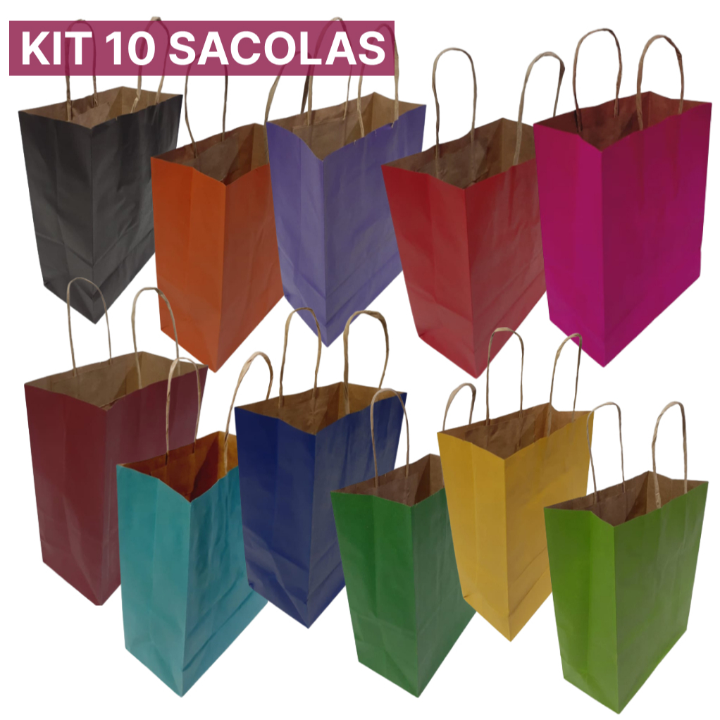 Sacolas Coloridas de papel – Pacote 10 Unidades – alça craft 17,5cmx8,5cmx21,56m