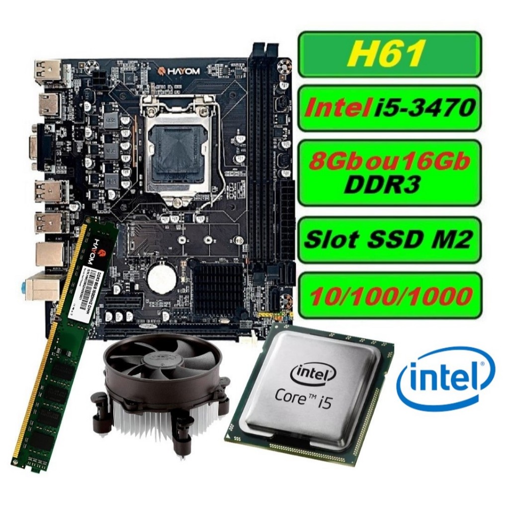 Kit UPGrade i5-3470 Memória 8GB ou 16GB DDR3 Placa Mãe H61 Slot SSD M2 gamer lga 1155 atx