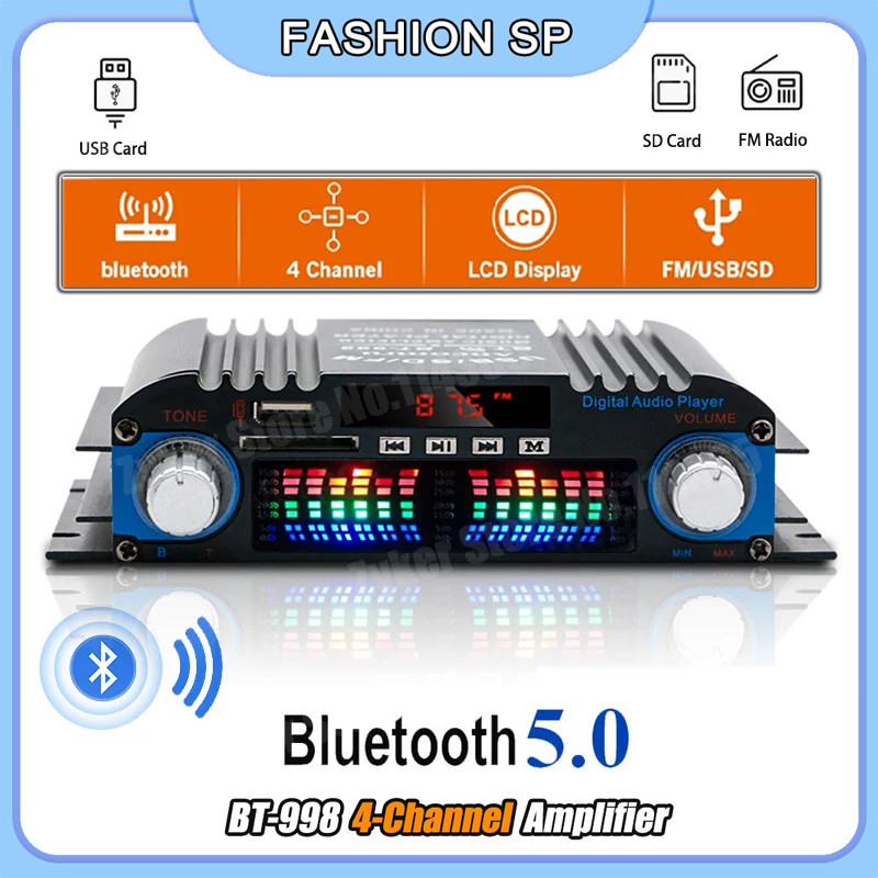 Amplificador De Áudio Digital 4 Canais 1600W Potência  Bluetooth  Rádio FM Controle Remoto 4 Canais