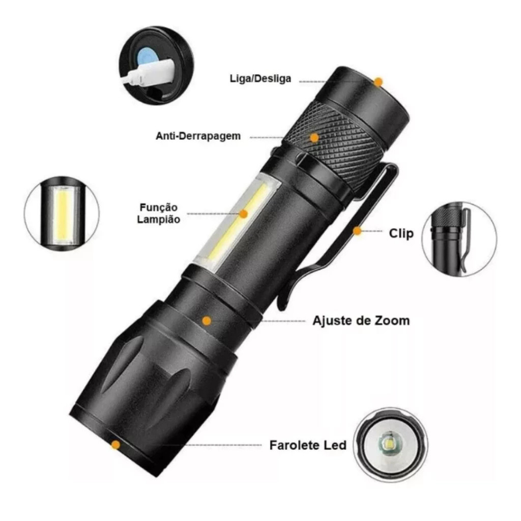 Mini Lanterna Tática Usb 717 Led Recarregável Profissional