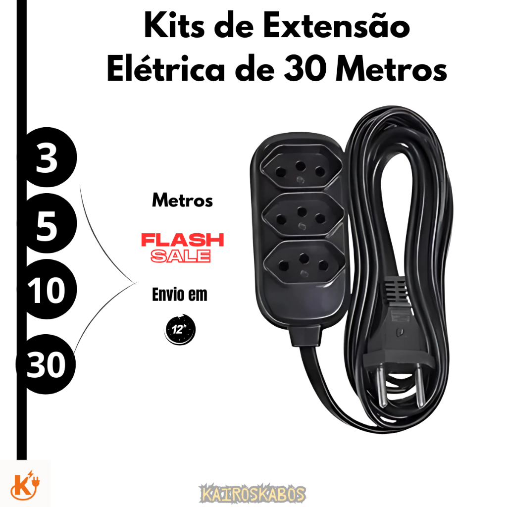 Extensão Eletrica de 30 Metros com 3 Tomada Bivolt – 10 Amperes – Resistente