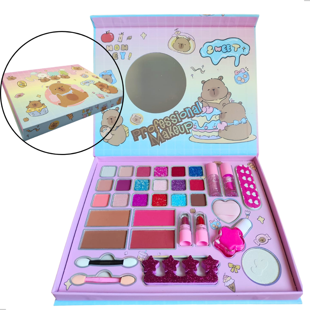 Kit Maquiagem Infantil Capivara Paleta de Sombras Gloss Esmalte Batom Divertido