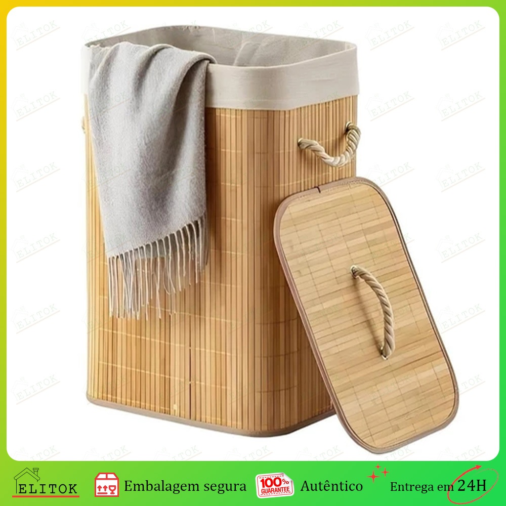 Cesto de Roupa Suja Bambu Grande 72 Litros Com Tampa Alças Dobrável Forrado Organizador Banheiro Lav