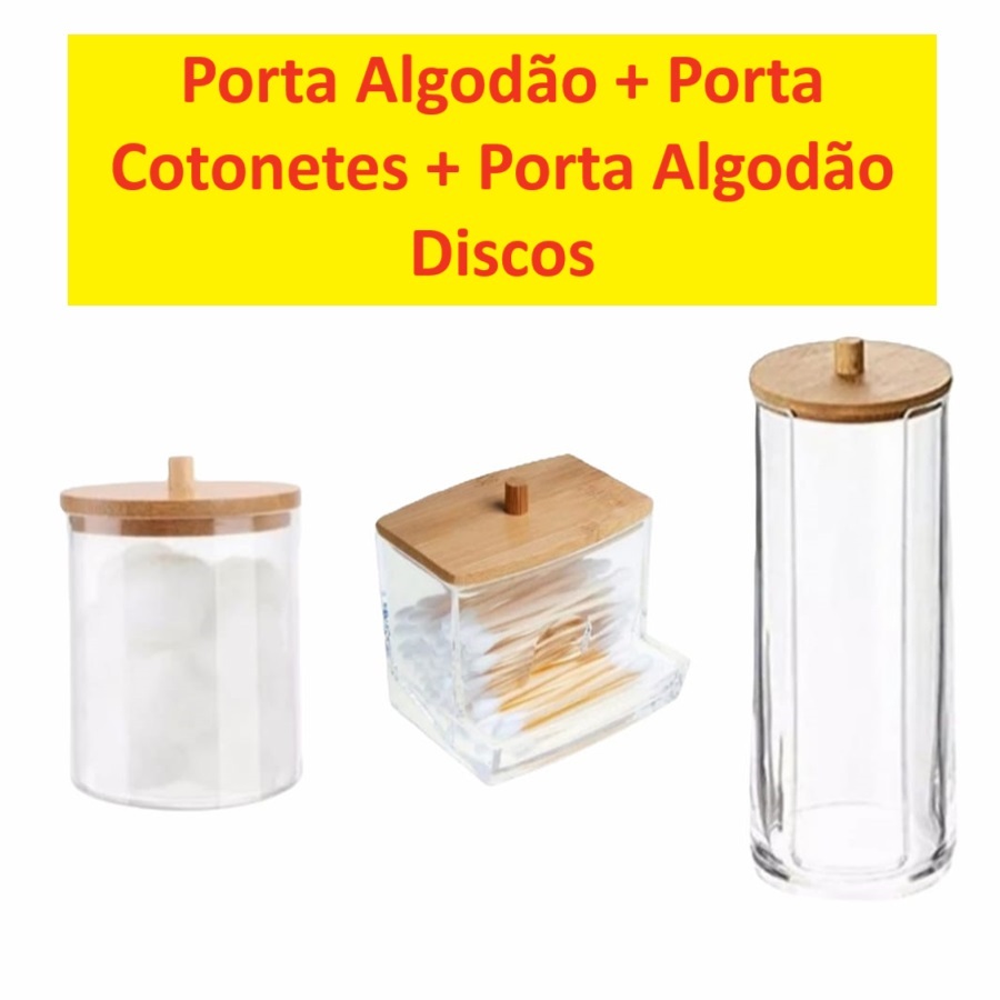Conjunto Porta Algodão E Cotonete Em Acrílico Transparente Com Tampa Bambu Resistente Util E Simples