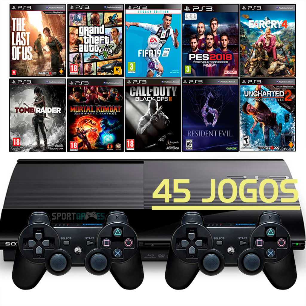 Sony Ps3 Playstation 3 Super Slim + 2 Controles + 45 Jogos