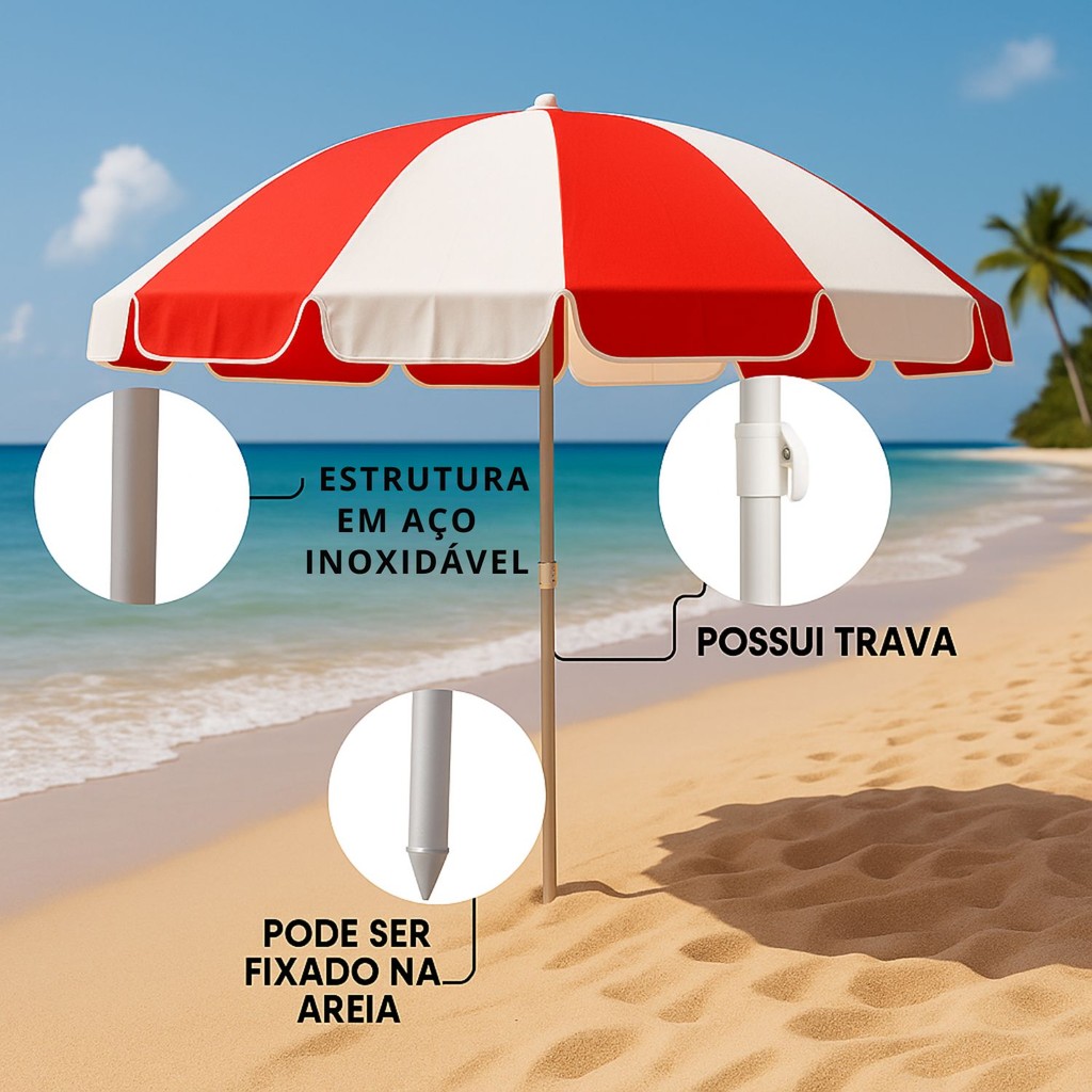 Guarda Sol 1,80 Metros Praia Grande Com Proteção UV Piscina Camping Jardim