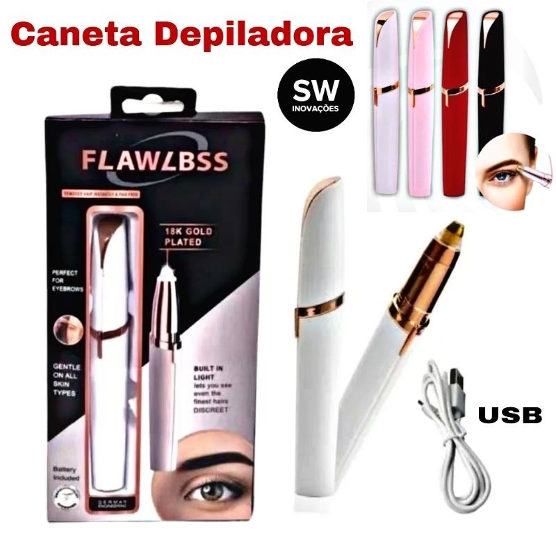 Caneta Depiladora Elétrica USB Recarregável para Sobrancelhas, Nariz e Buço Sem Dor