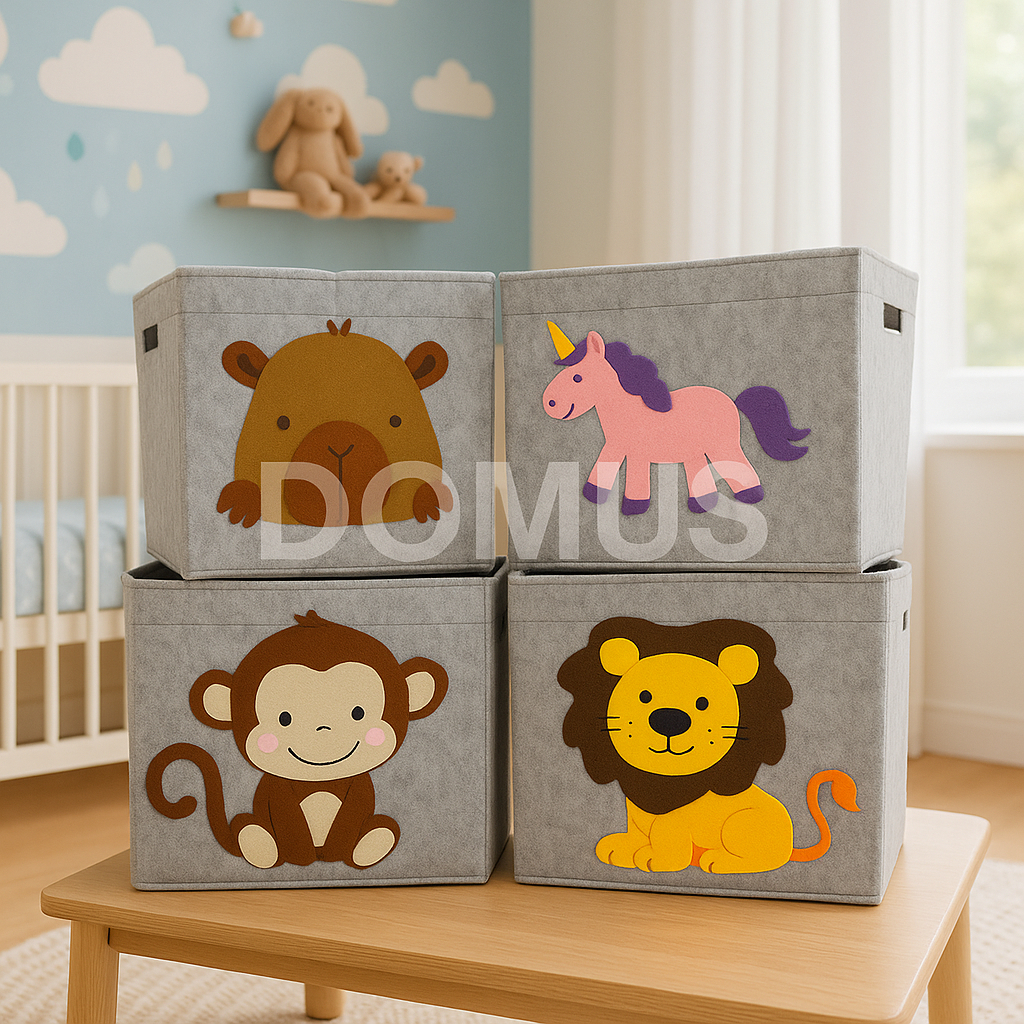 Organizador Cesto Multiuso Dobrável Brinquedos Roupa Infantil Animais Oval Quadrado Feltro