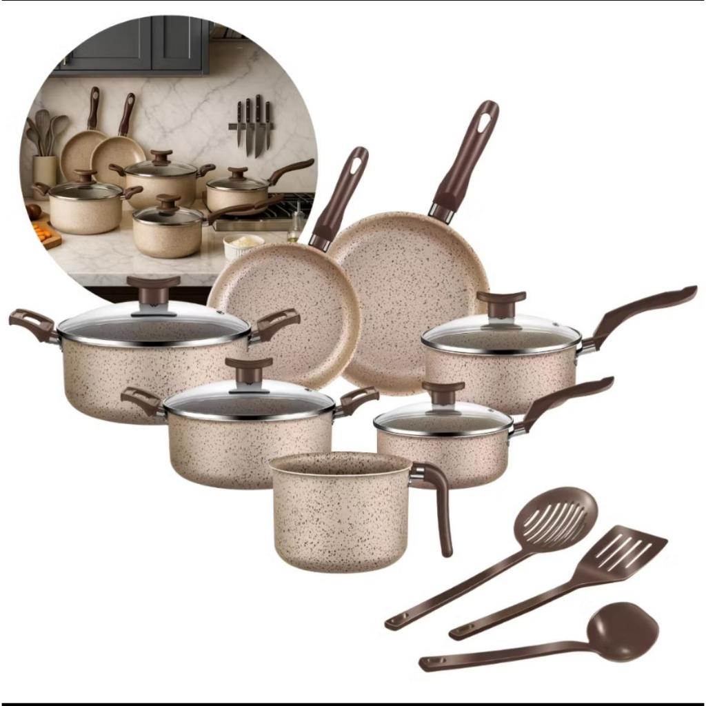 Conjunto De Panelas 10 Peças Antiaderente Caçarola Frigideira Fervedor Cor Coffee Cappuccino + Talhe