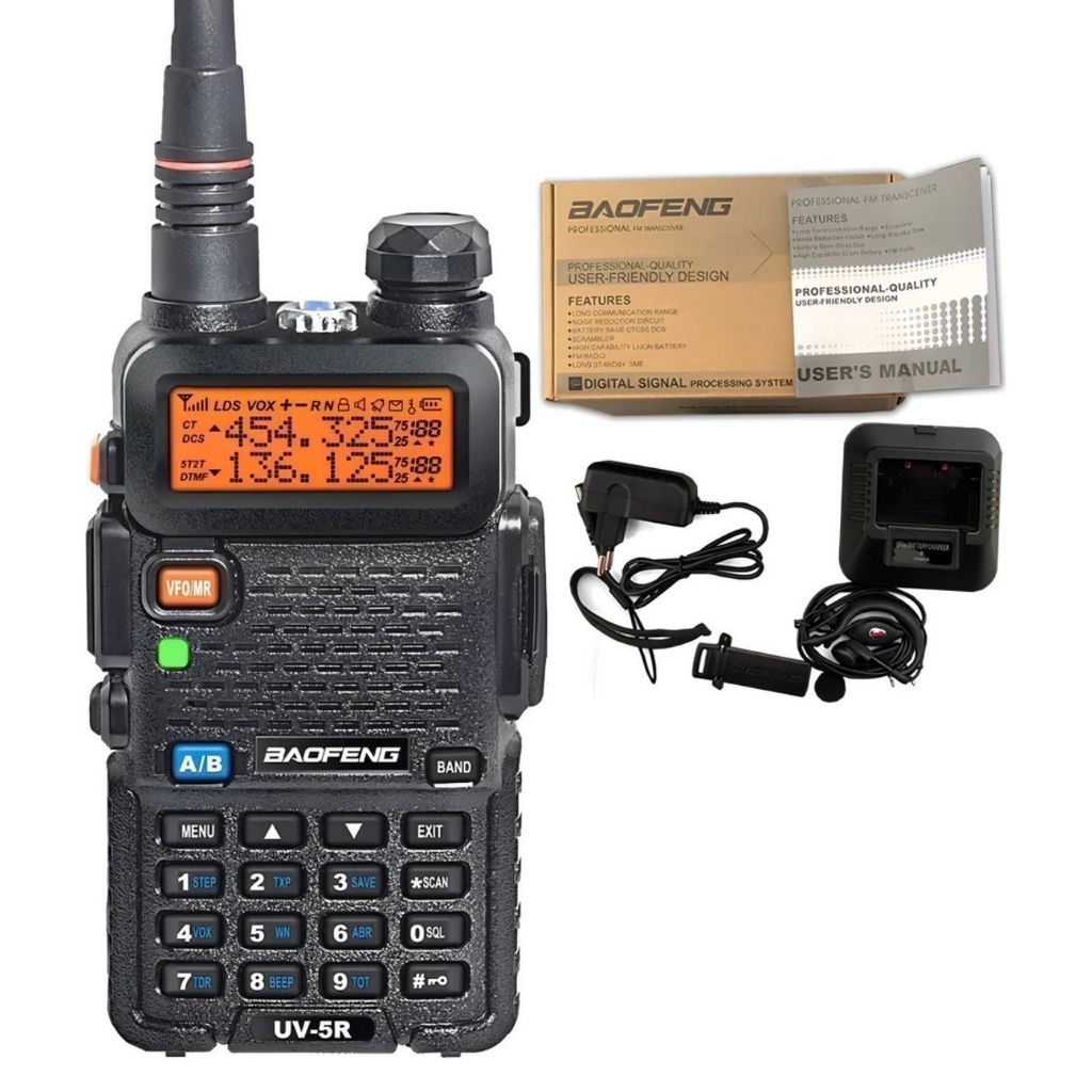 Rádio Comunicador Baofeng Uv-5r Ht Dual Band Alcance 12km Uhf Vhf HT Fm com Fone Profissional 128 Ca