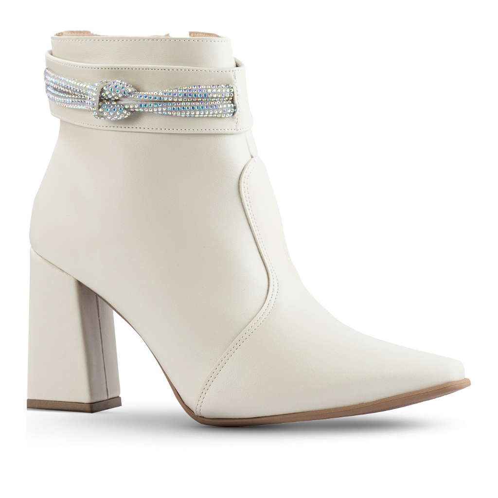Bota Feminina Lumiss Strass Salto Alto Grosso Brilho Cristal Bico Fino Confortável Fashion Off White