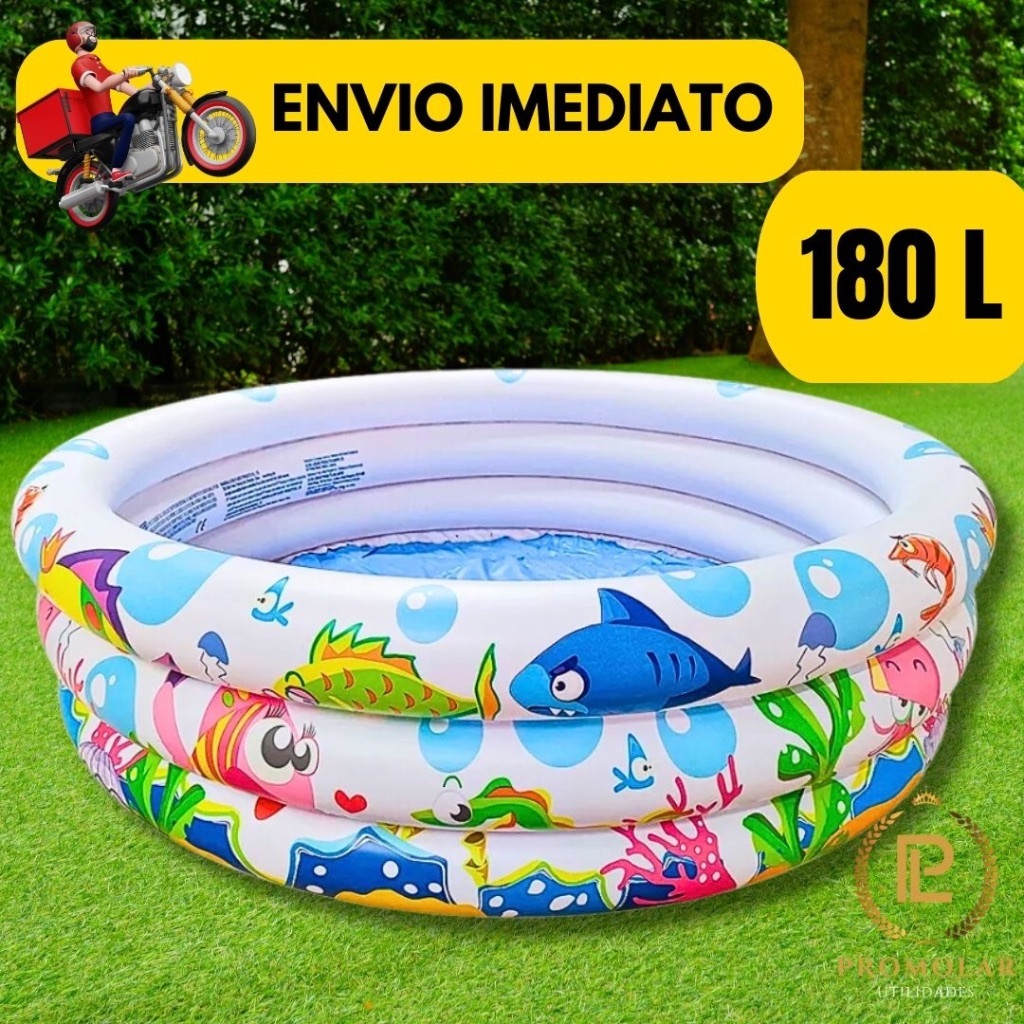 Piscina Inflável Infantil 3 Anéis Transparente 180 Litros Fundo Do Mar Para Crianças, Campo, Praia,