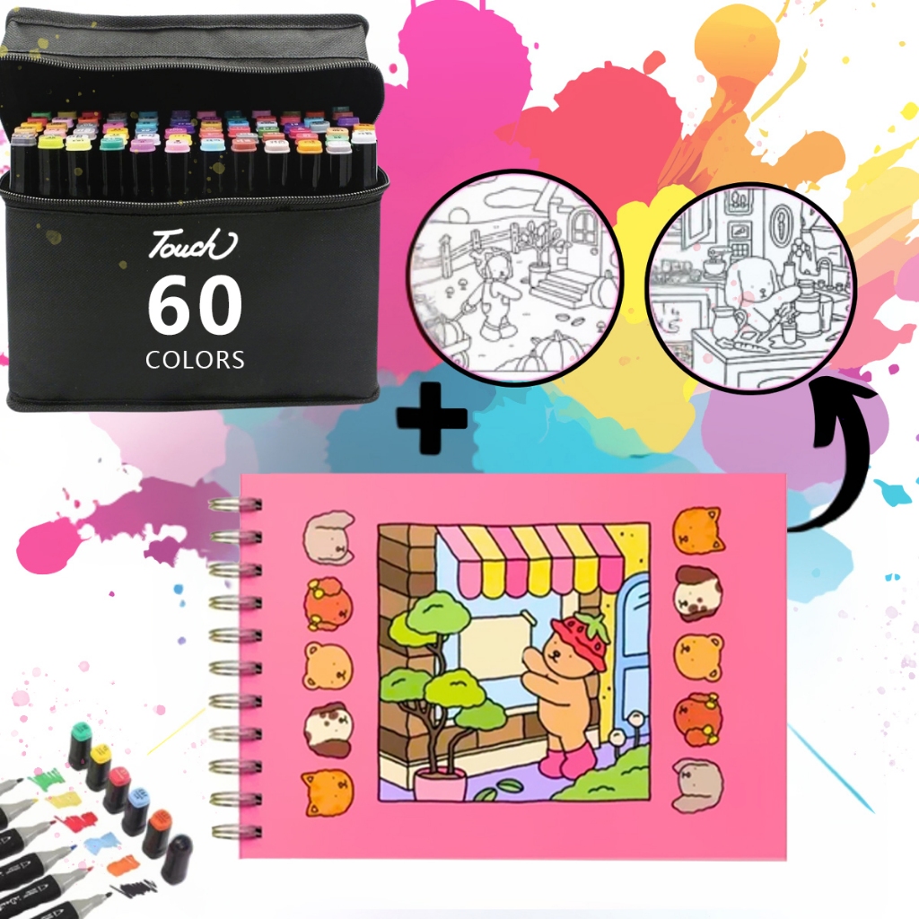 Livro de desenho animado + Multicolor Marker Set 24-36-48-60 Count Colorful Markers And 50 Page Draw