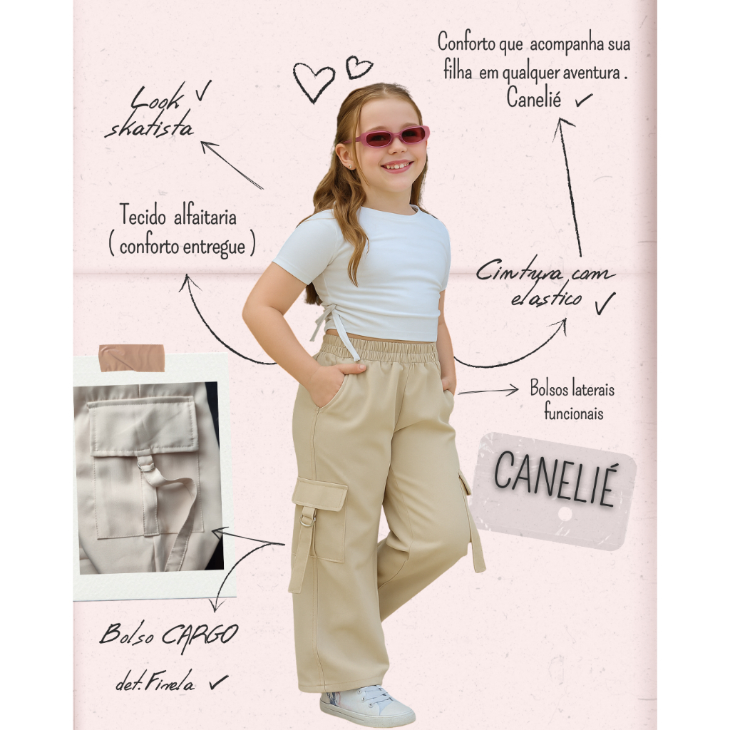 CALÇA PANTALONA CARGO INFANTIL JUVENIL MENINA DE ALFAIATARIA PREMIUM BLOGUEIRINHA