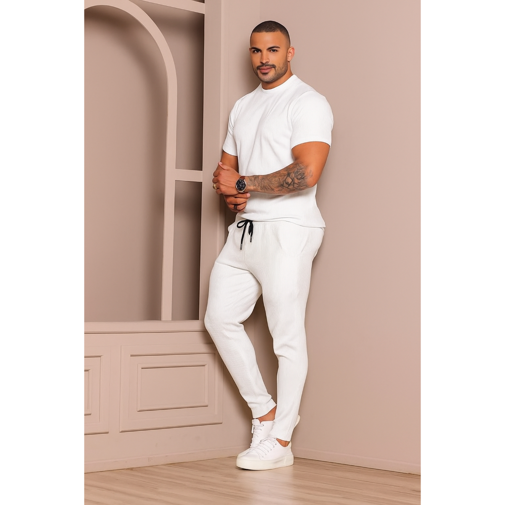 Calça Masculina com Camiseta Gola Redonda Conjunto Outono Inverno Moda Elegante Homem