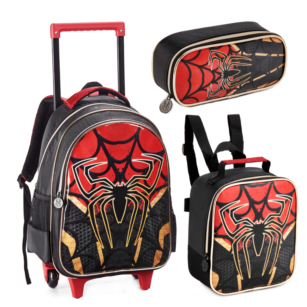Kit Mochila Escolar Rodinhas Grande Lancheira térmica Estojo Infantil Aranha Spider Homem Meninos