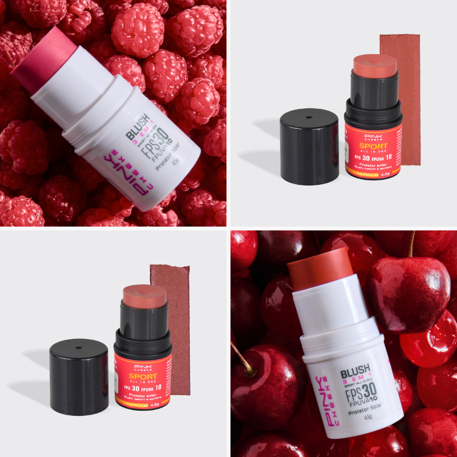 Blush + Sombra + Batom PINK CHEEKS Sport Make Up 3 em 1 FPS30 Cores