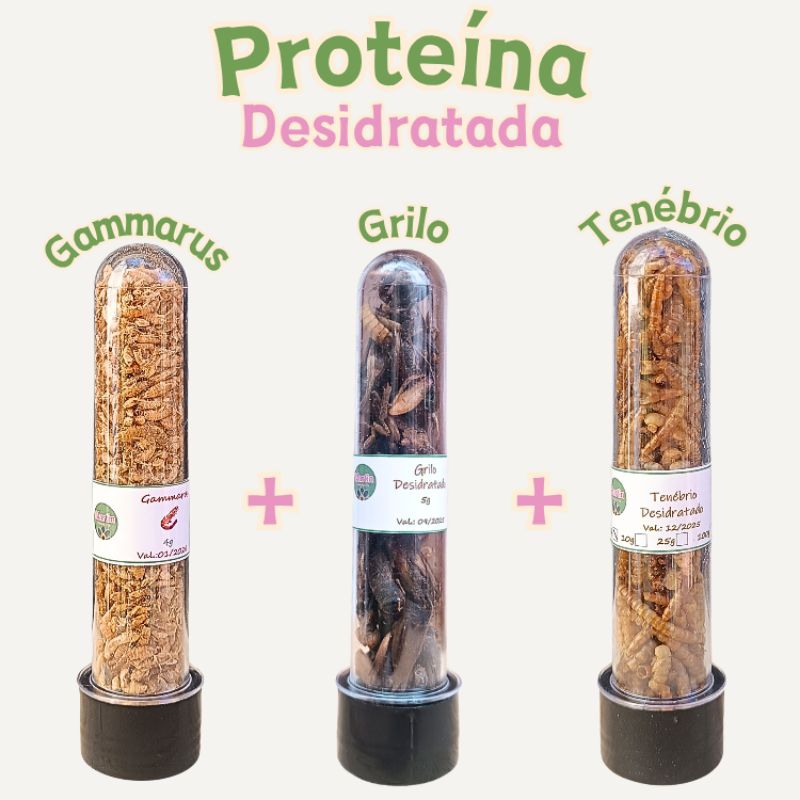 Kit proteínas desidratadas, tenébrio, gammarus e grilo, larva mosca soldado, roedores, hamster, peix