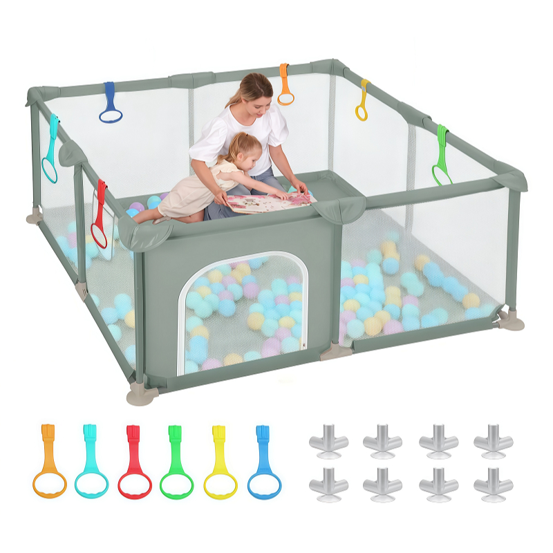 Cercadinho para bebês Chiqueiro com cerca antiqueda e malha 4 Argolas de Puxar + 8 Ventosas, Resiste