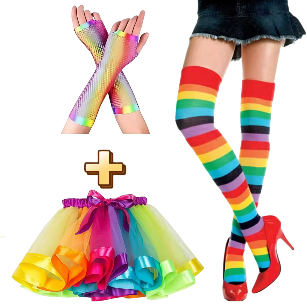 Kit Conjunto Luva/Meia/Saia Tule Arco-Íris Adulto-Tule Colorido 40cm para Festas e Carnaval