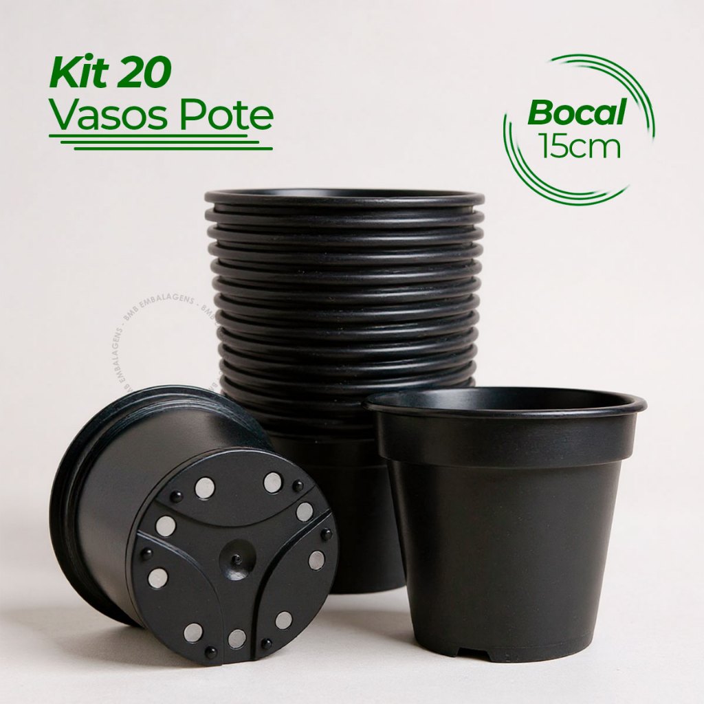 Kit 20 Vaso Pote Redondo Plástico Bocal 15cm Preto Muda Plantas Flores Ervas Suculentas Reforçado