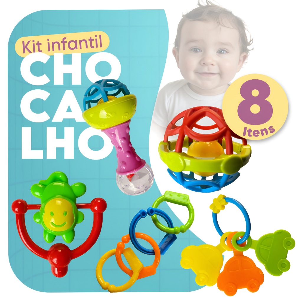 Kit 3/8 Chocalhos e Mordedores Coloridos Peças Educativas Sensoriais para Bebês Desenvolve Coordenaç