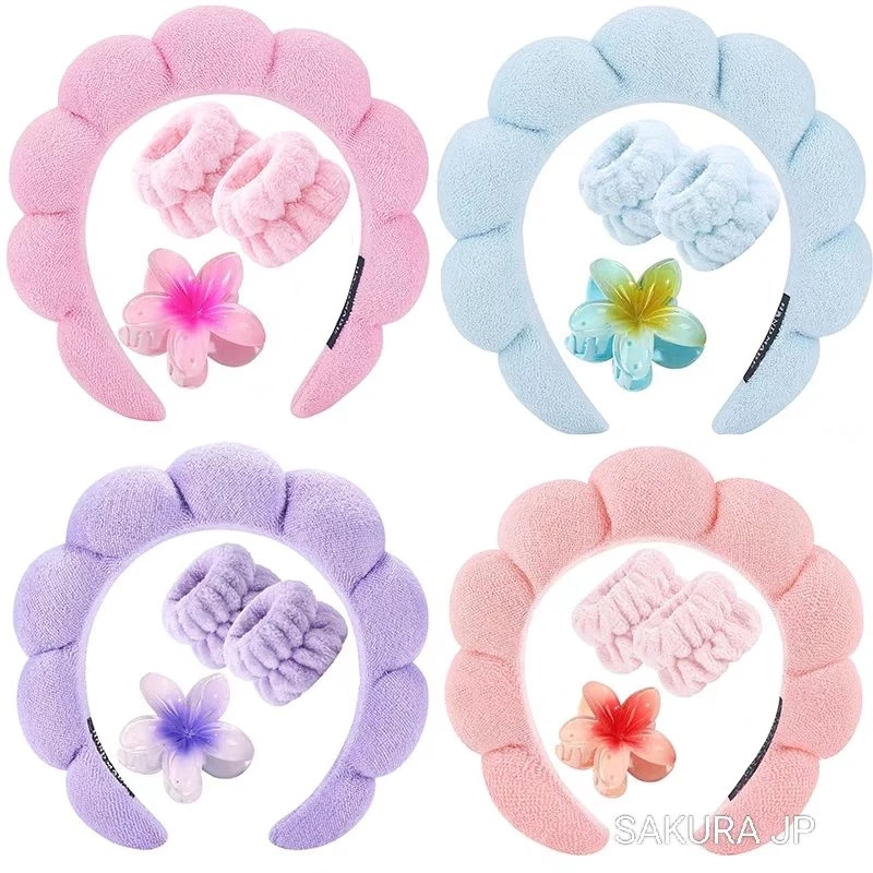 KIT 4 PCS Acessórios de Skincare Spa Feminino – Tiara Nuvem, Faixa de Pulso, Presilha de Flor LL4440