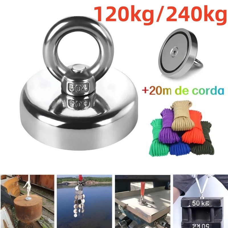 Imã De Neodímio Para Pesca Esportiva Magnética De 120kg-240Kg Tração + Corda 20 metros Muito Resiste